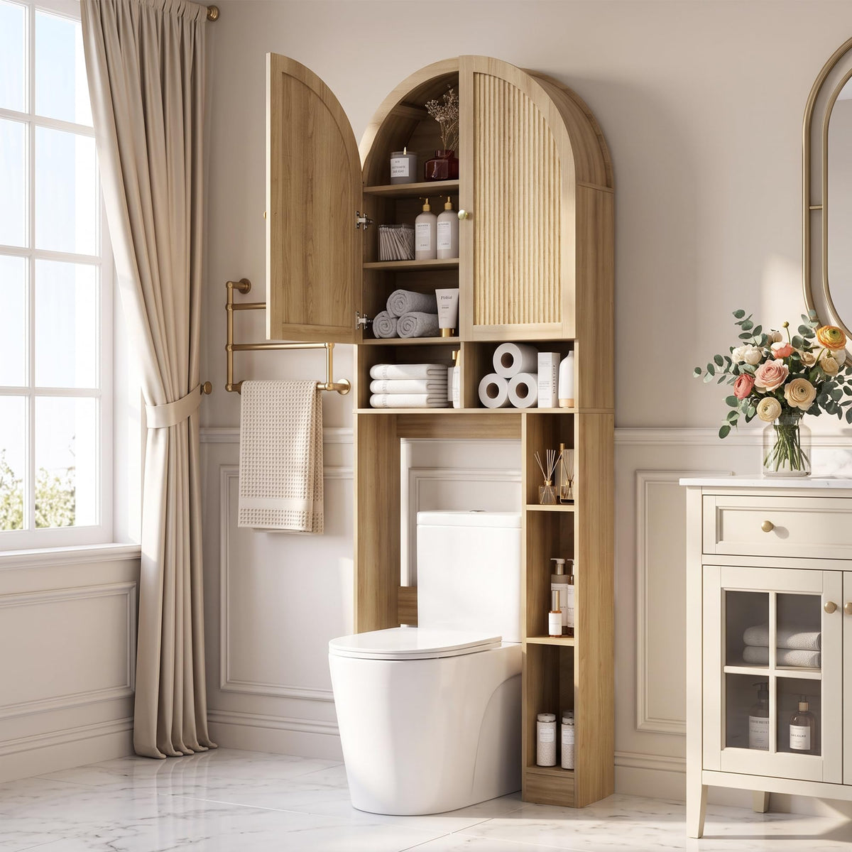 HMstone Over The Toilet Storage Cabinet, Arched Bathroom Organizer and Storage with Acrylic Doors and Adjustable Shelf, Space-Saving Freestanding Bathroom Modern Storage Cabinet Over Toilet, White