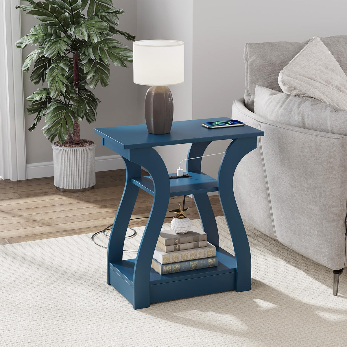 FROMJBEST End Tables Living Room Set of 2 with Charging Station, Black