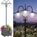 Outsunny 74.5" 3-Head Solar Lamp Post Light Outdoor with Planter, Black