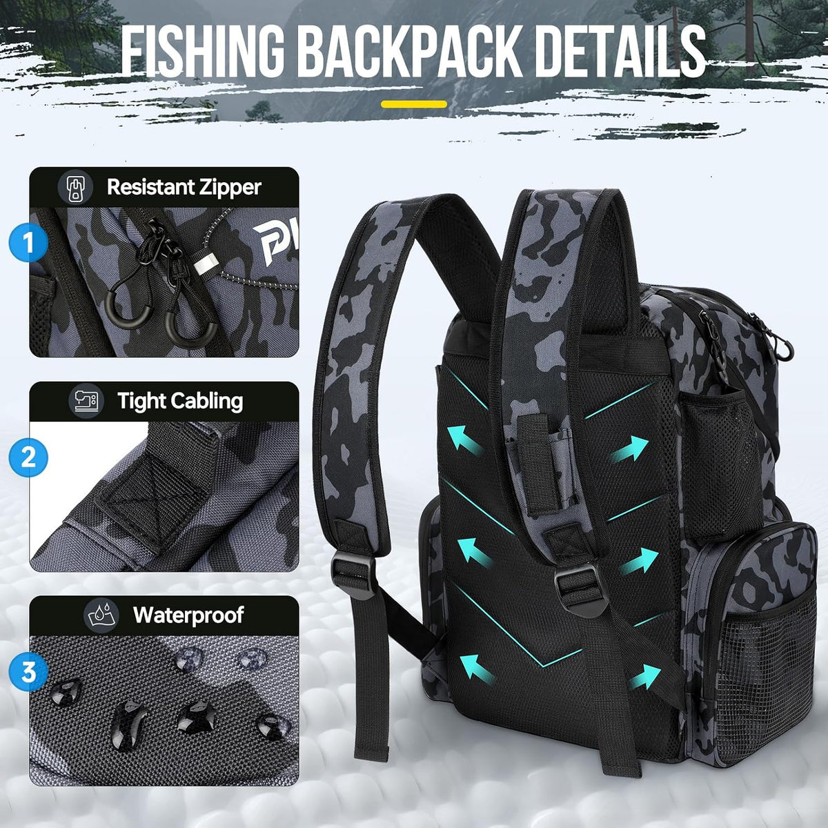PLUSINNO Cooler Fishing Backpack with Rod Holders 45L Large Water-resistant Fishing Tackle bag Store Fishing Gear Fishing Gifts for Men Father