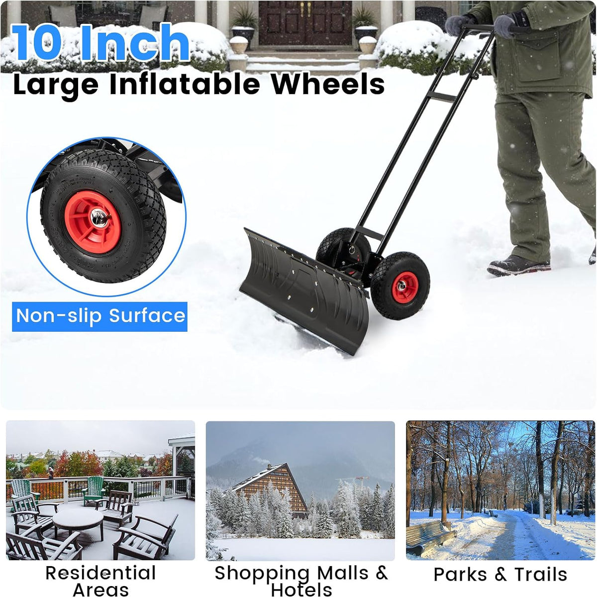 IRONMAX 36" Wide Snow Shovel for Driveway with Wheels, Black