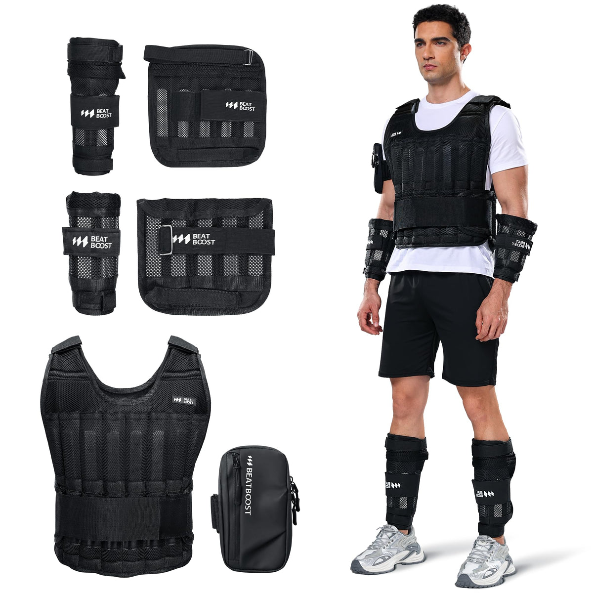 BeatBoost Weighted Vest Men 20lb/30lb/40lb/50lb/60lb Adjustable Weight Vest with Steel Plates Weight for Running Workout