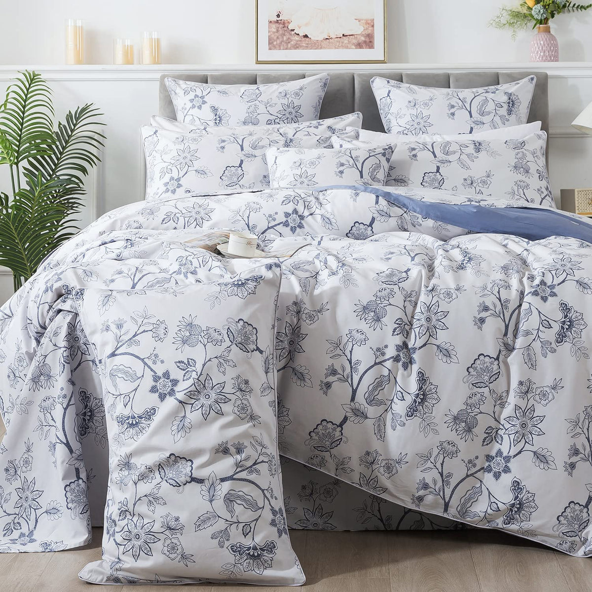 FADFAY Floral Duvet Cover Set 100% Cotton Green Striped and Beige Bedding White Flower Branches Print 600 TC Soft Reversible Zipper Bed Cover & 2 Pillowcases,King/Cal King(106x92)