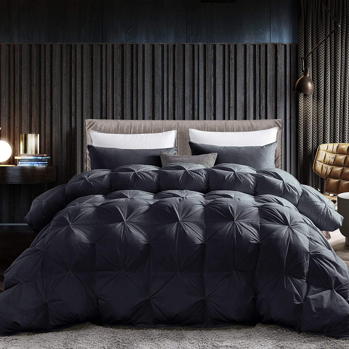 Luxurious All-Season Goose Down Feather Fiber Comforter Queen Size Duvet Insert, Exquisite Black Pinch Pleat Design, Premium Baffle Box, 100% Egyptian Cotton Cover, 65 oz. Fill Weight, Black