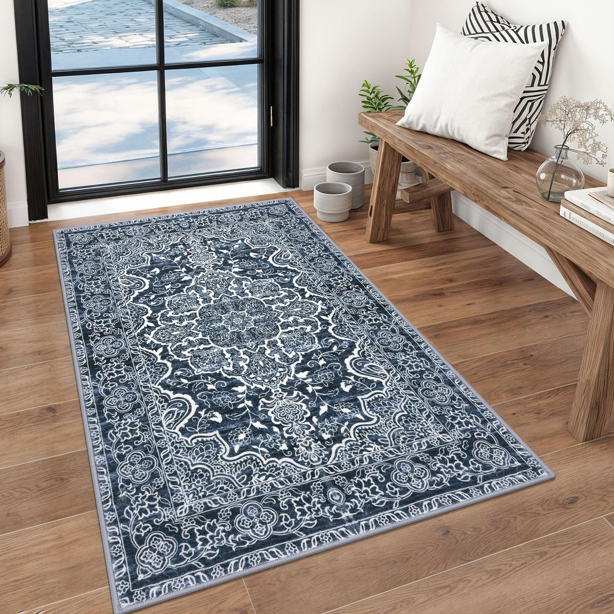 KUTA Vintage Extra Long Runners for Hallways 2.6x18ft Washable Blue White