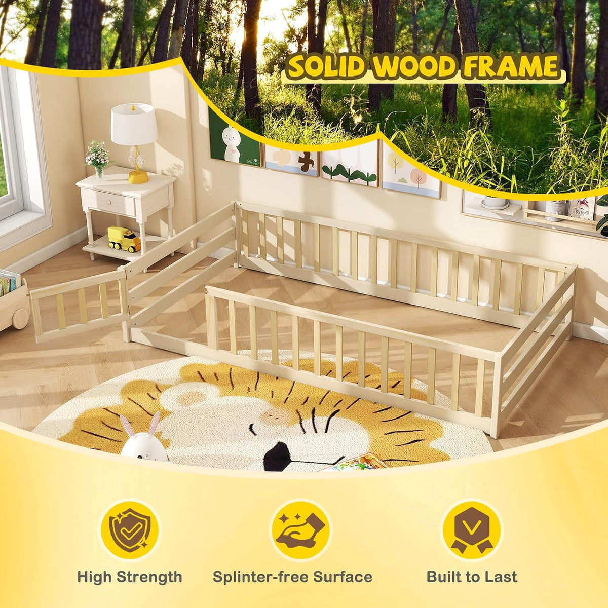 Giantex Twin Floor Bed with Fence for Kids, Wooden Montessori Bed Frame with Lockable Door & Guardrails, Low Floor Beds for Kids, Boys, Girls, No Box Spring Needed, Without Wood Slats, Natural