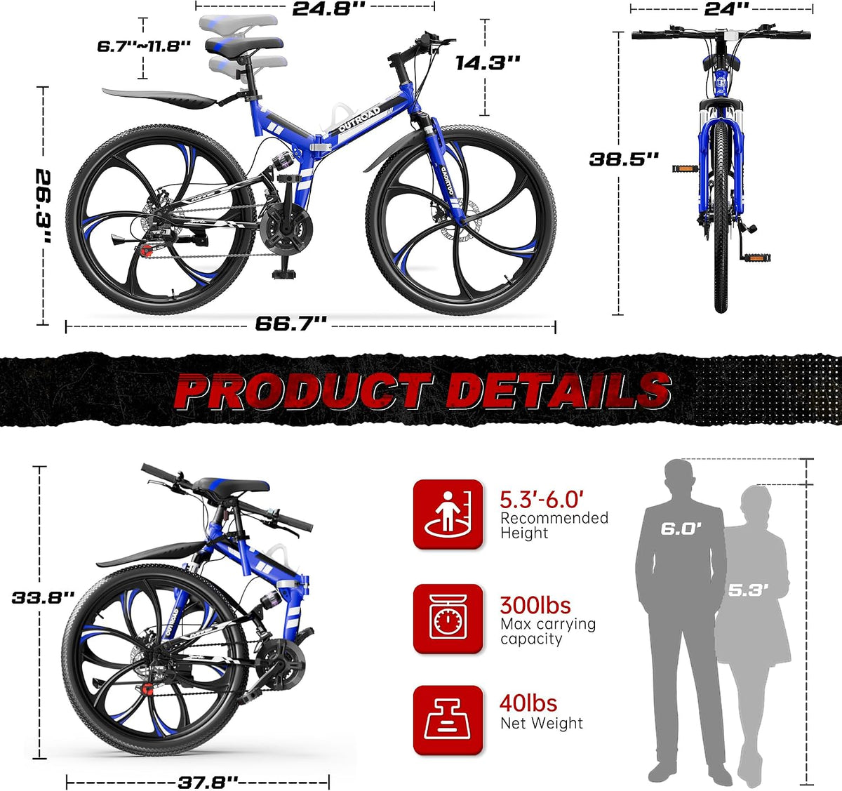 Bonusall 26 Inch Folding Mountain Bike, 21-Speed Full Suspension Foldable Bicycle for Adults, High-Carbon Steel Portable MTB with Dual Disc Brakes, Non-Slip Commuter Bike for Men & Women