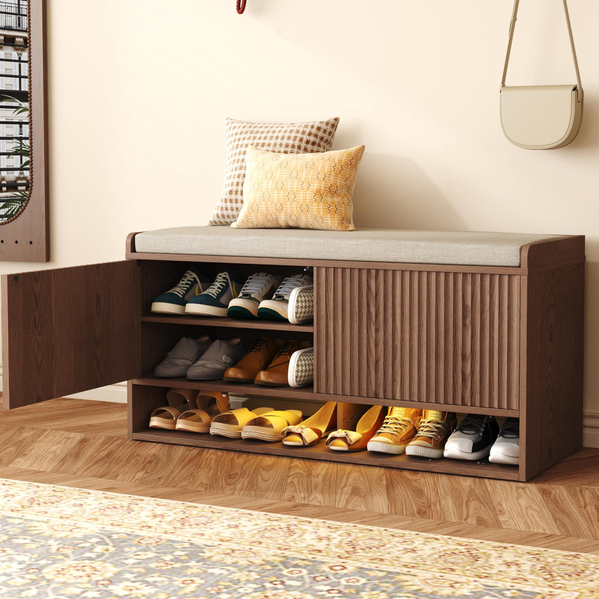 HOMEFORT 39.4" Fluted Shoe Storage Bench, Entryway Bench with Linen Seat Cushion, Shoe Cabinet Bench with Adjustable Shelf and Built-in LED Sensor Light, Bench for Bedroom End of Bed, Natural Oak