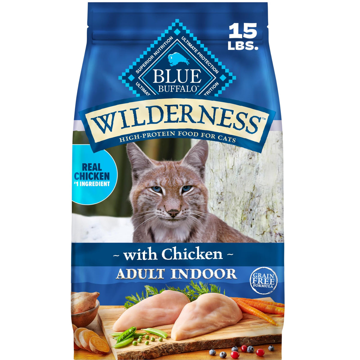 Blue Buffalo Wilderness Chicken Adult Indoor Dry Cat Food, Grain-Free 15 lb