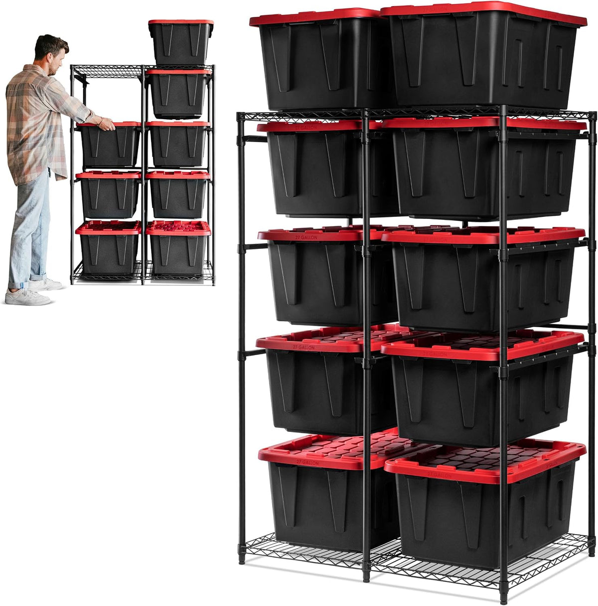 CleverMade 27 Gallon Tote Storage Rack, 10-Bin Double Tower, 500 lb, Black