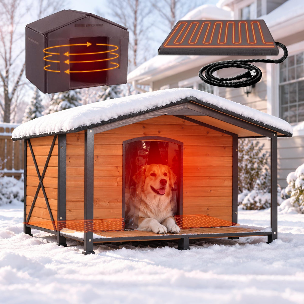 Heated Dog House, Outdoor Dog House Insulated for Winter with Heating Pad, Weatherproof Wooden Dog Kennel with Porch, Iron Frame, Asphalt Roof & Removable Floor