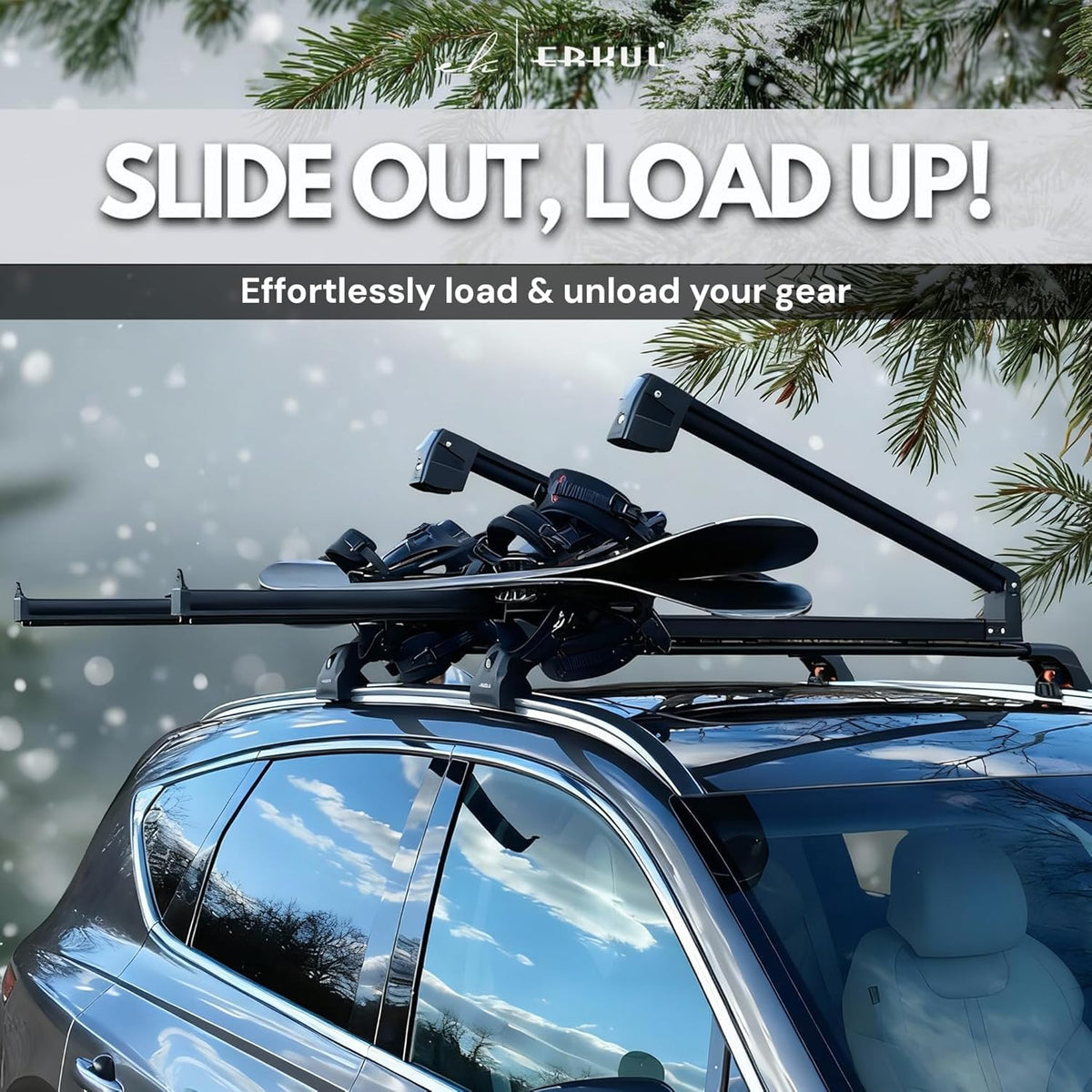 Erkul Ski Rack for Car Roof with Sliding Extension - 35" Universal Ski & Snowboard Rack with Lock | Holds 6 Pairs of Skis or 4 Snowboards - Fits All Types of Cross Bars-Black