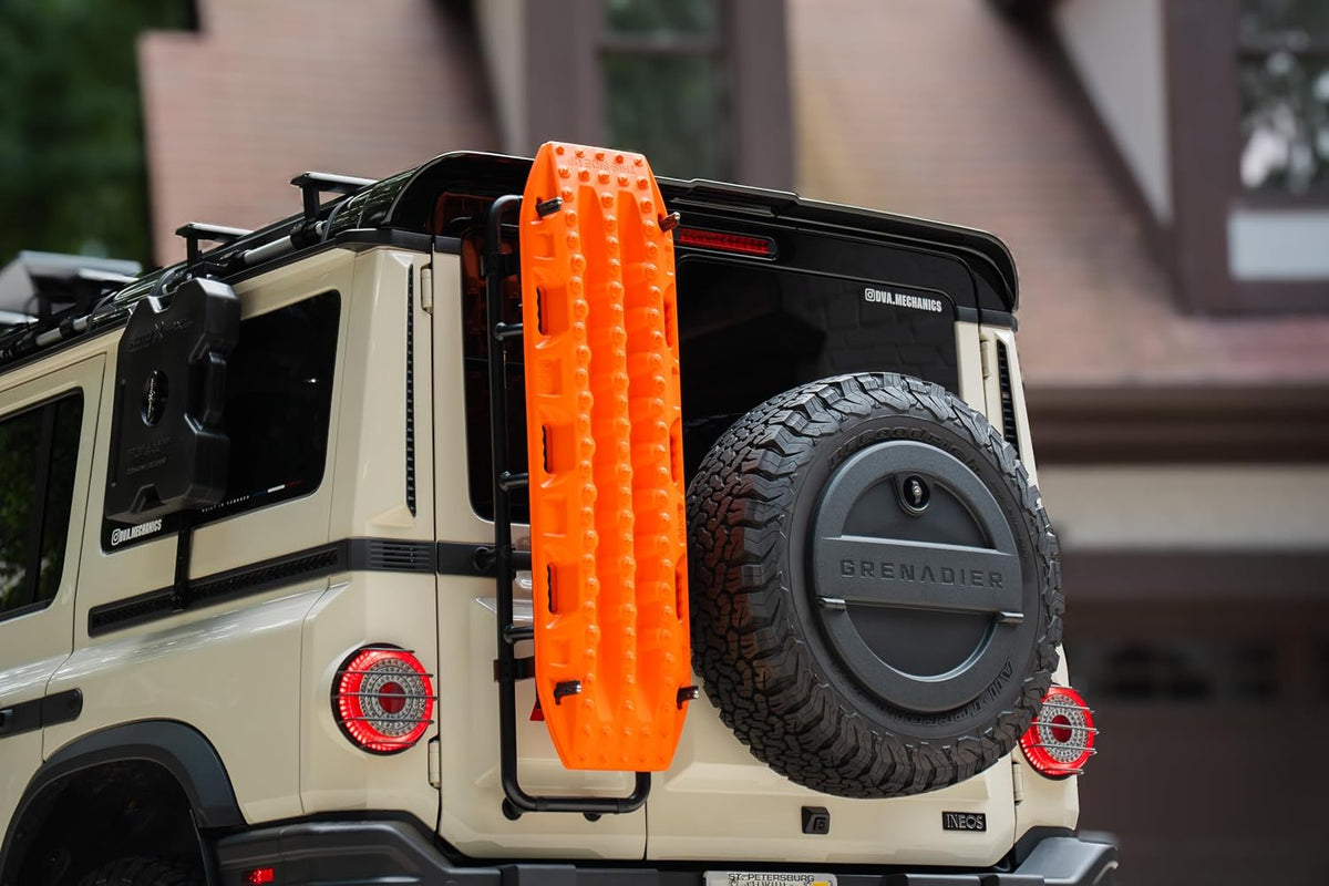 Ladder-Mounted Recovery Board Carrier for INEOS Grenadier (2022+) - Fits MaxTrax MKII and Lite, Tool-Free Quick-Release Pins, Anodized Aluminum