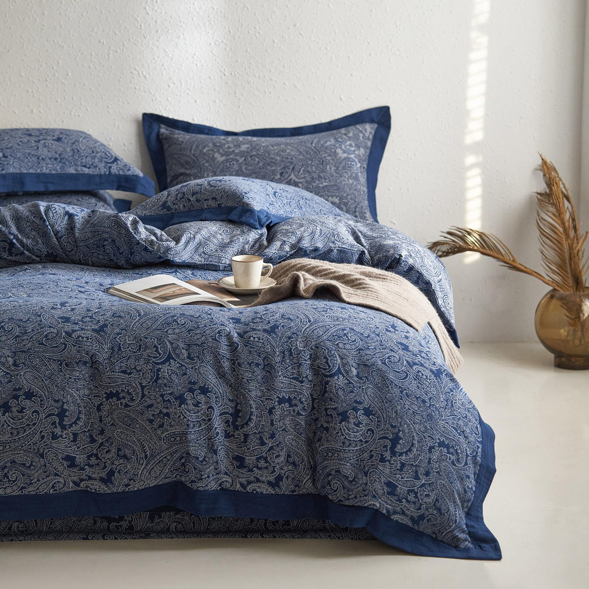 mixinni Garden Style Cotton Flowers and Birds Pattern Printed Duvet Cover Reversible Design Peacock Blue 3 Piece Bedding Duvet Set with Zipper Closure, Perfect for Him and Her-Queen Size
