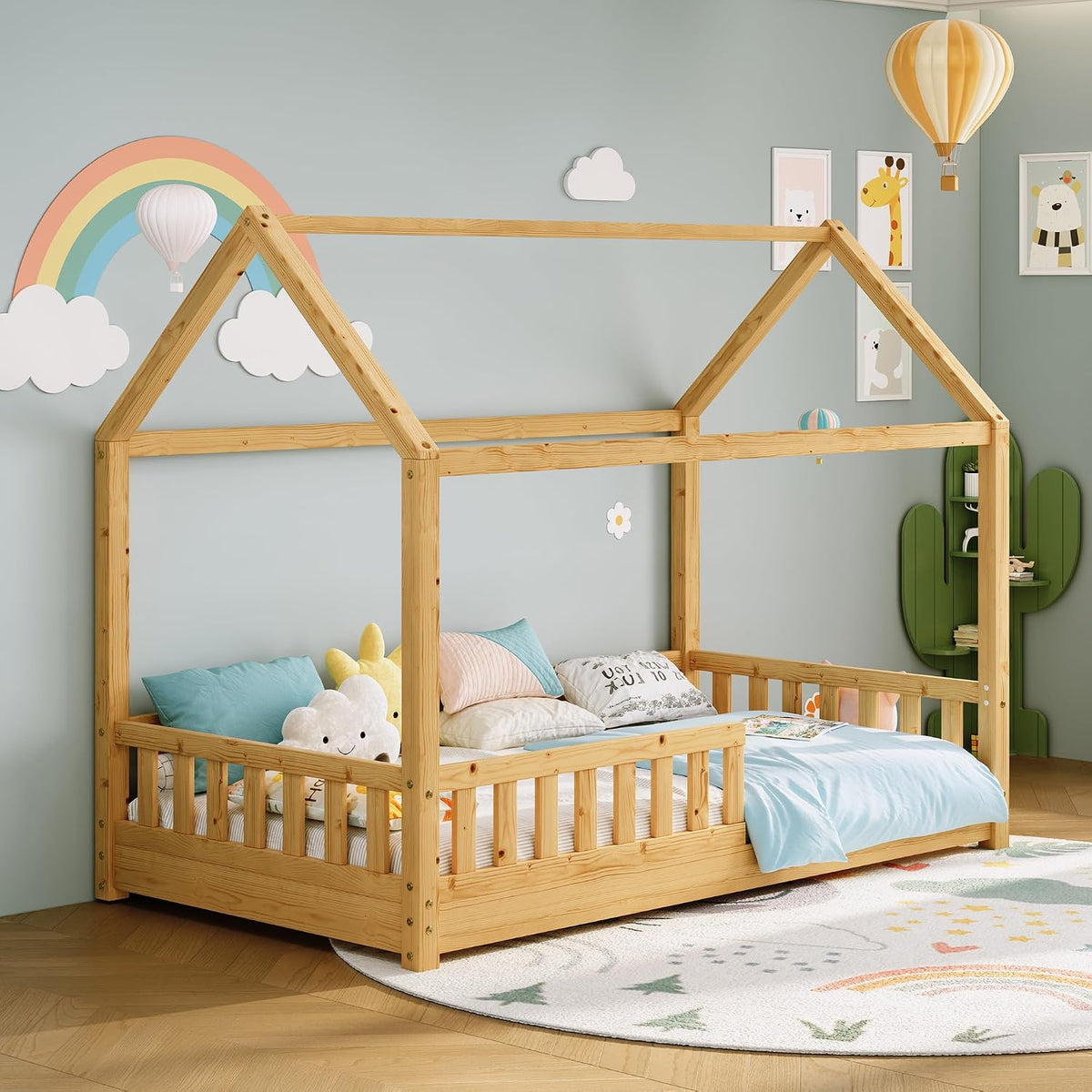 Jocisland Twin Size House Bed for Kids with Guardrails, Natural Wood