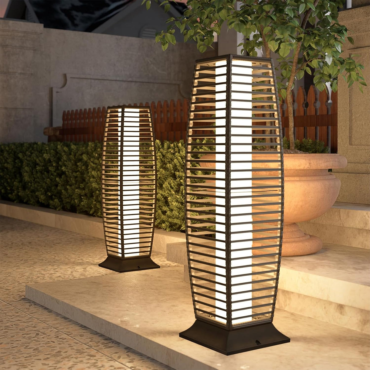 Grand patio 2-Piece Outdoor Floor Lamp Solar Powered Lantern Waterproof Wicker Boho Deck Lights for Garden Porch Decor, Large Crossover