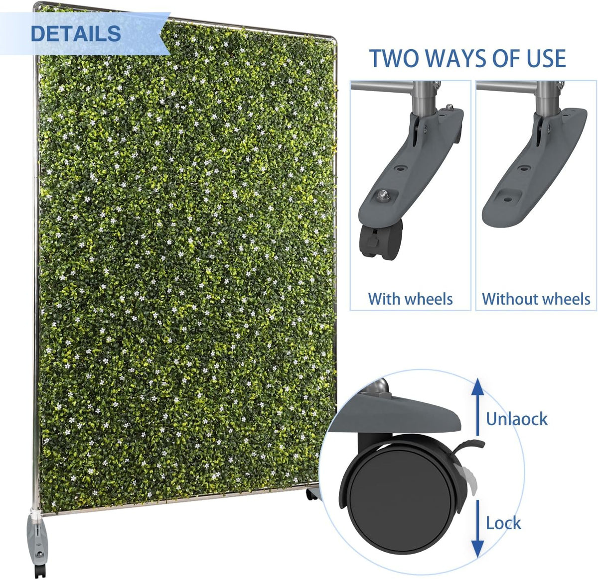 E&K H40xW40 inches Movable Privacy Hedge Fence Artificial Faux Grass Room Space Divider Boxwood Backdrops Stand Decor with Wheels