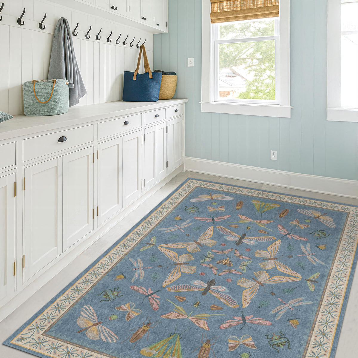 Hazo Haus Dark Green Insect Area Rugs 8x10 for Living Room, Dining Room Under Table, Bedroom, Unique Washable Floral Non Slip Low Pile Soft Rug