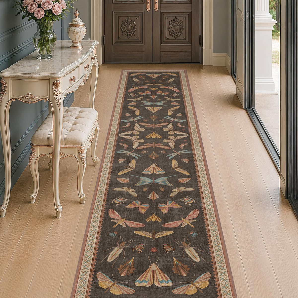 Hazo Haus Dark Green Insect Area Rugs 8x10 for Living Room, Dining Room Under Table, Bedroom, Unique Washable Floral Non Slip Low Pile Soft Rug
