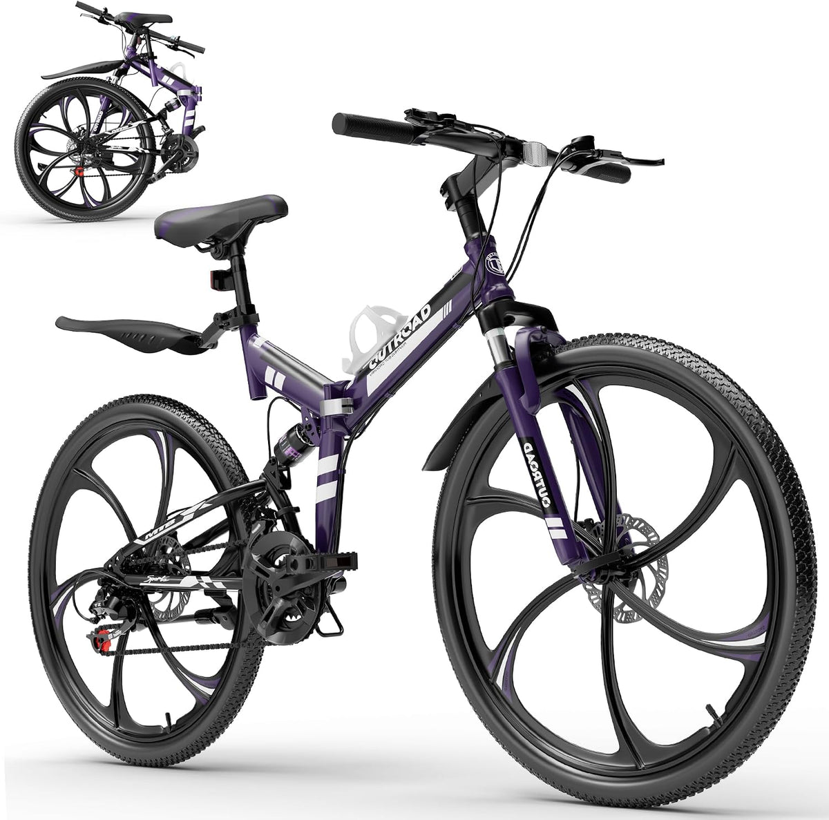 Bonusall 26 Inch Folding Mountain Bike, 21-Speed Full Suspension Foldable Bicycle for Adults, High-Carbon Steel Portable MTB with Dual Disc Brakes, Non-Slip Commuter Bike for Men & Women