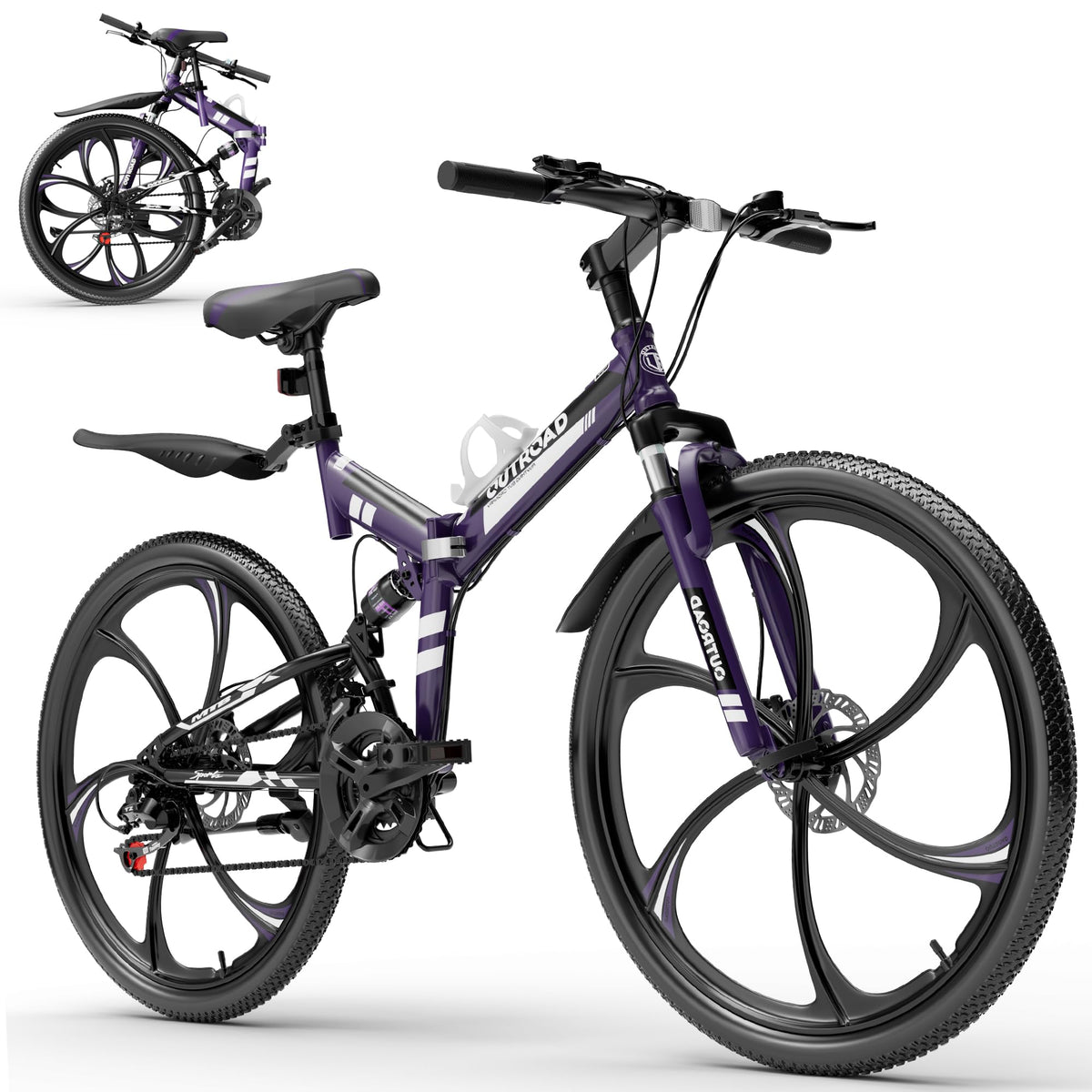 Bonusall 26 Inch Folding Mountain Bike, 21-Speed Full Suspension Foldable Bicycle for Adults, High-Carbon Steel Portable MTB with Dual Disc Brakes, Non-Slip Commuter Bike for Men & Women
