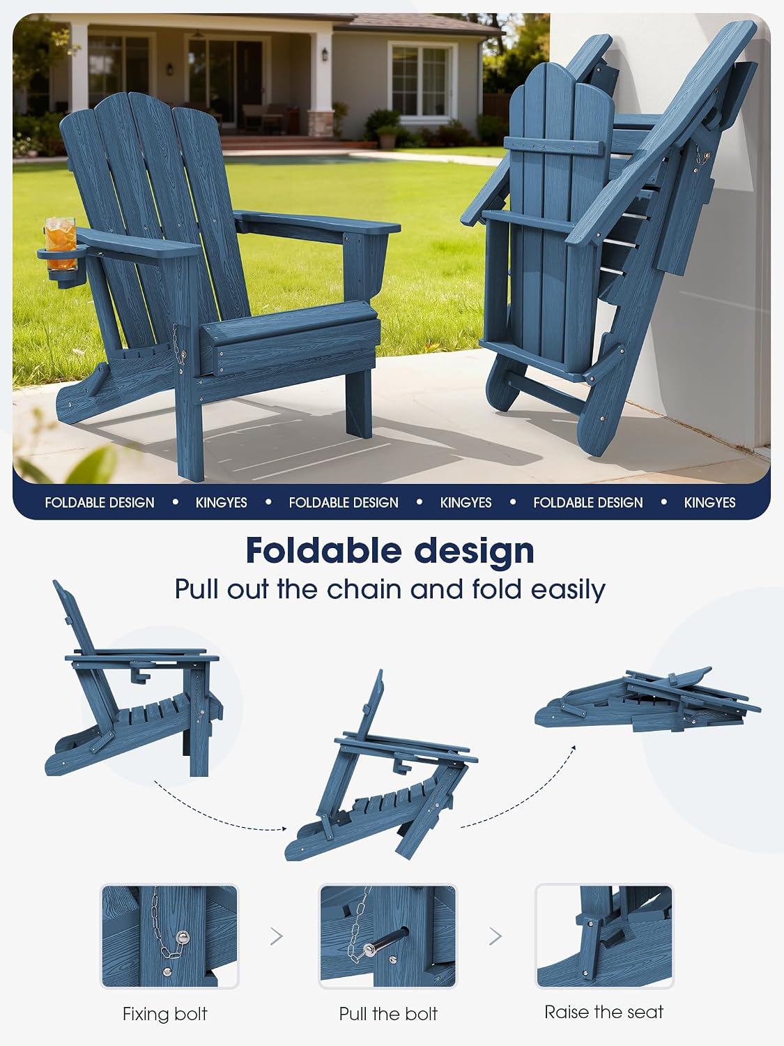 KINGYES Folding Adirondack Chair Set of 4 with Cup Holder, Navy