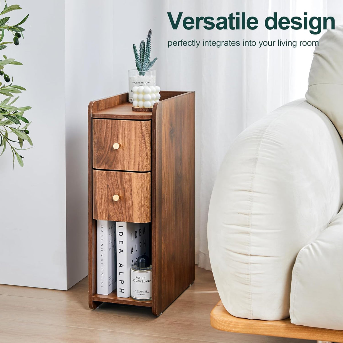 Narrow Nightstand Set of 2, Wooden Small 2 Drawer Nightstand, Slim Side End Table, Skinny Bedside Table, Mid Century Modern Night Stand with Drawers for Bedroom (Walnut-2 pcs)