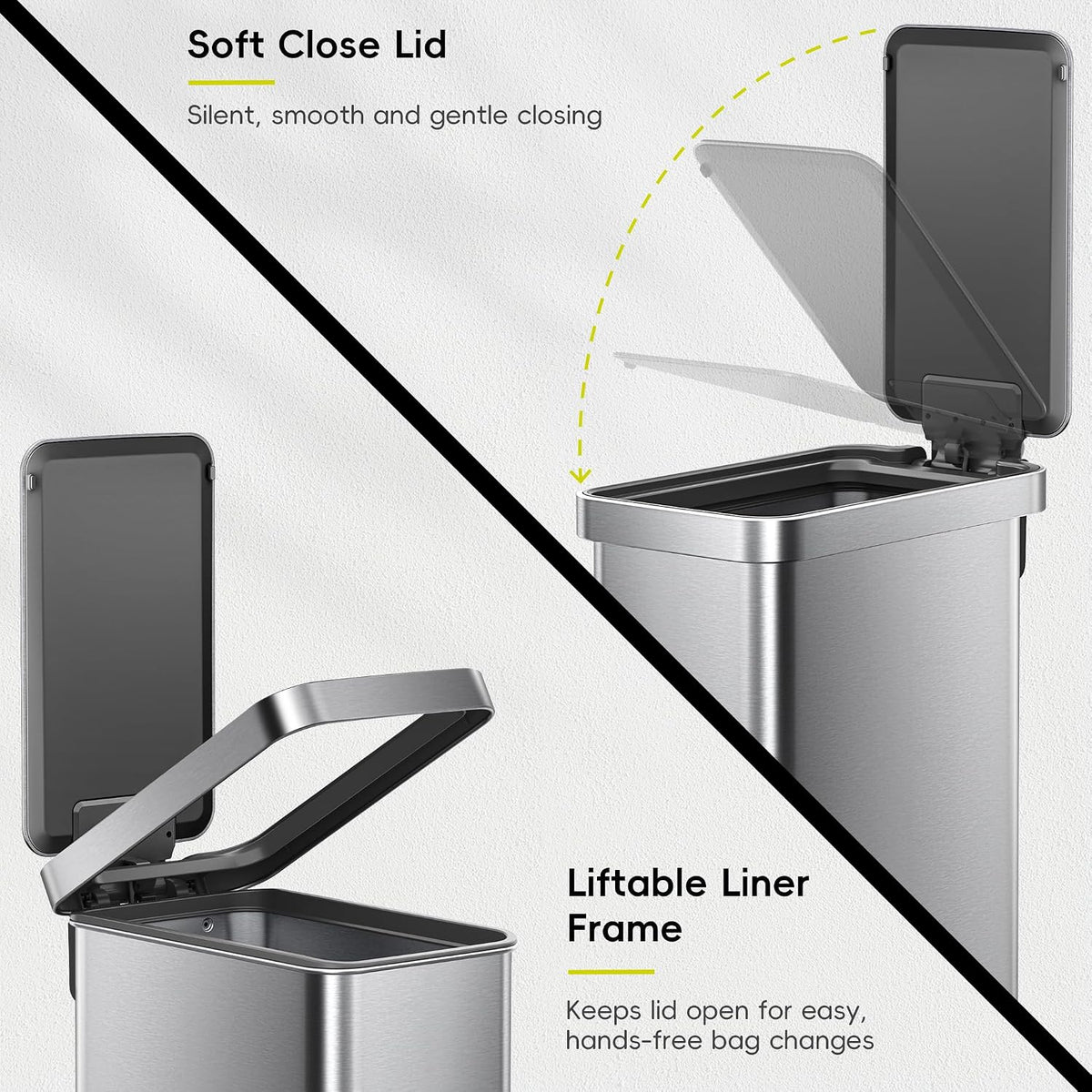 EKO Hudson Slim 50L / 13.2 Gallon Kitchen Trash Can with Lid, Stainless Steel Step Garbage Can for Kitchen or Home, Space-Saving Garbage Can with Soft Close Lid, Stay-Open, Liner Ring, Handle
