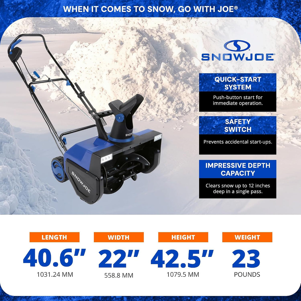 Snow Joe Corded Electric Snow Blower, 22 Clearing Path, Dual LEDs, SJ627E