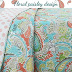 Cozy Line Home Fashions Turquoise Blue Coral Floral Leaf Reversible Quilt Bedding Set, Coverlet Bedspread Lightweight for All Seasons (Mirage Paisley, King - 6 Piece)