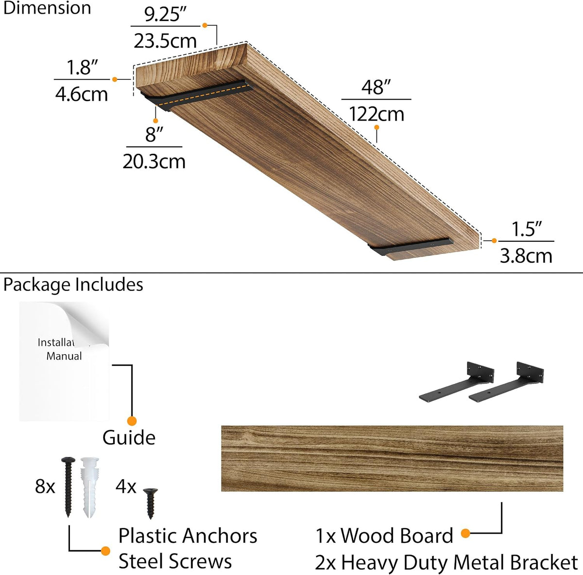 Wallniture Palm 48 inch Floating Shelf, Heavy Duty Brackets Included, Rustic Wooden Shelves for Wall, 1pc, Burnt Finish