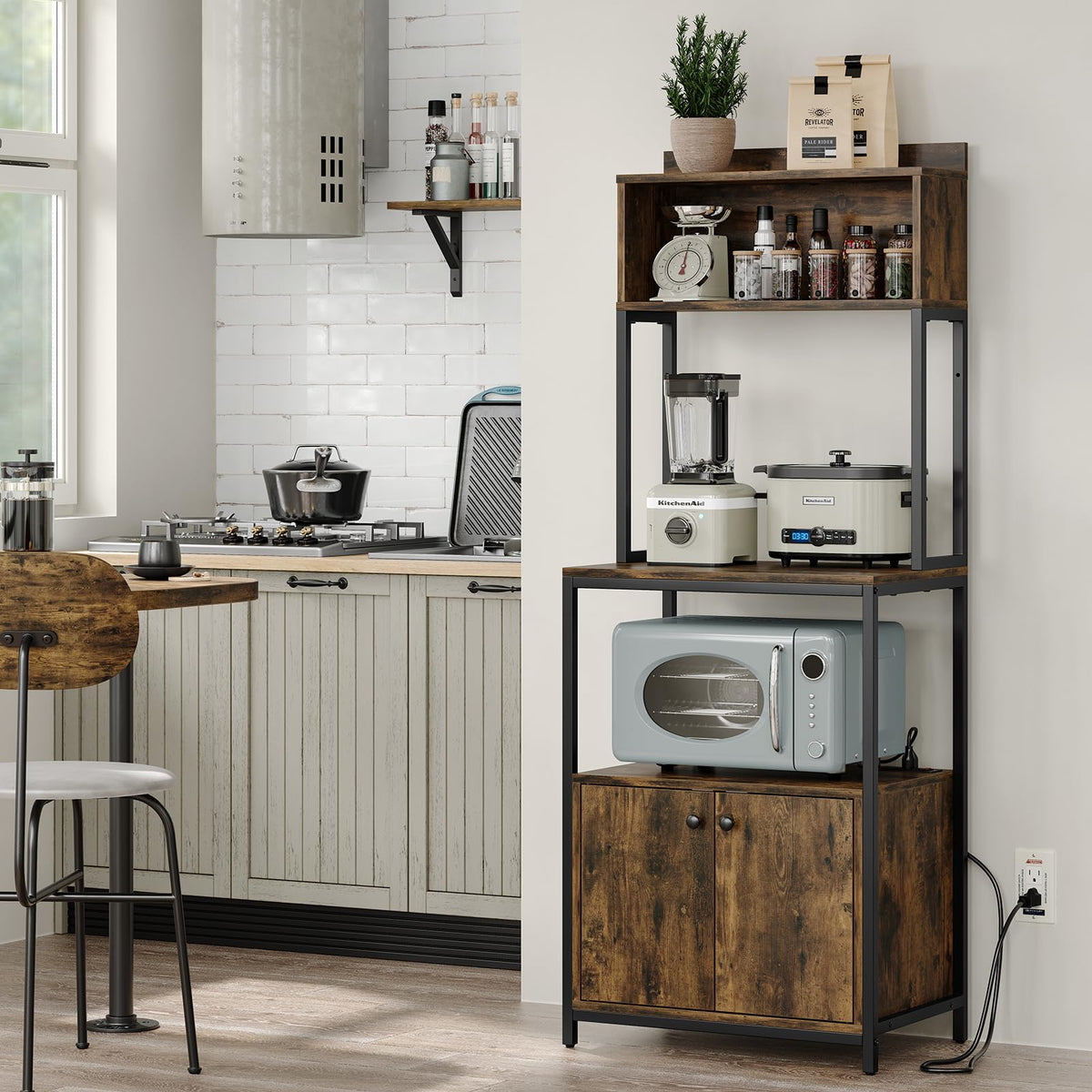 Furniouse Mini Fridge Stand with Storage, Refrigerator Cabinet with Power Outlet - Multifunctional Microwave Stand, Coffee Bar Station for Dorm, Office and Kitchen, Rustic Brown
