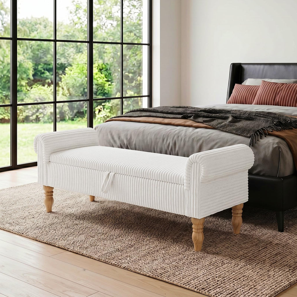 55" Corduroy Storage Ottoman Bench, Queen Bed, Grey