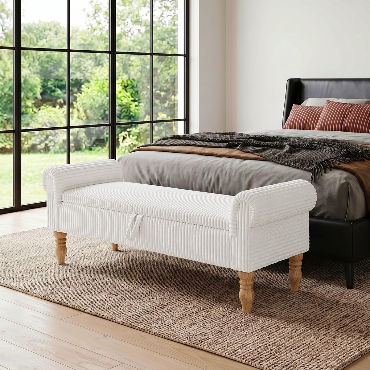 60" Corduroy Storage Bench, Queen End of Bed, Black