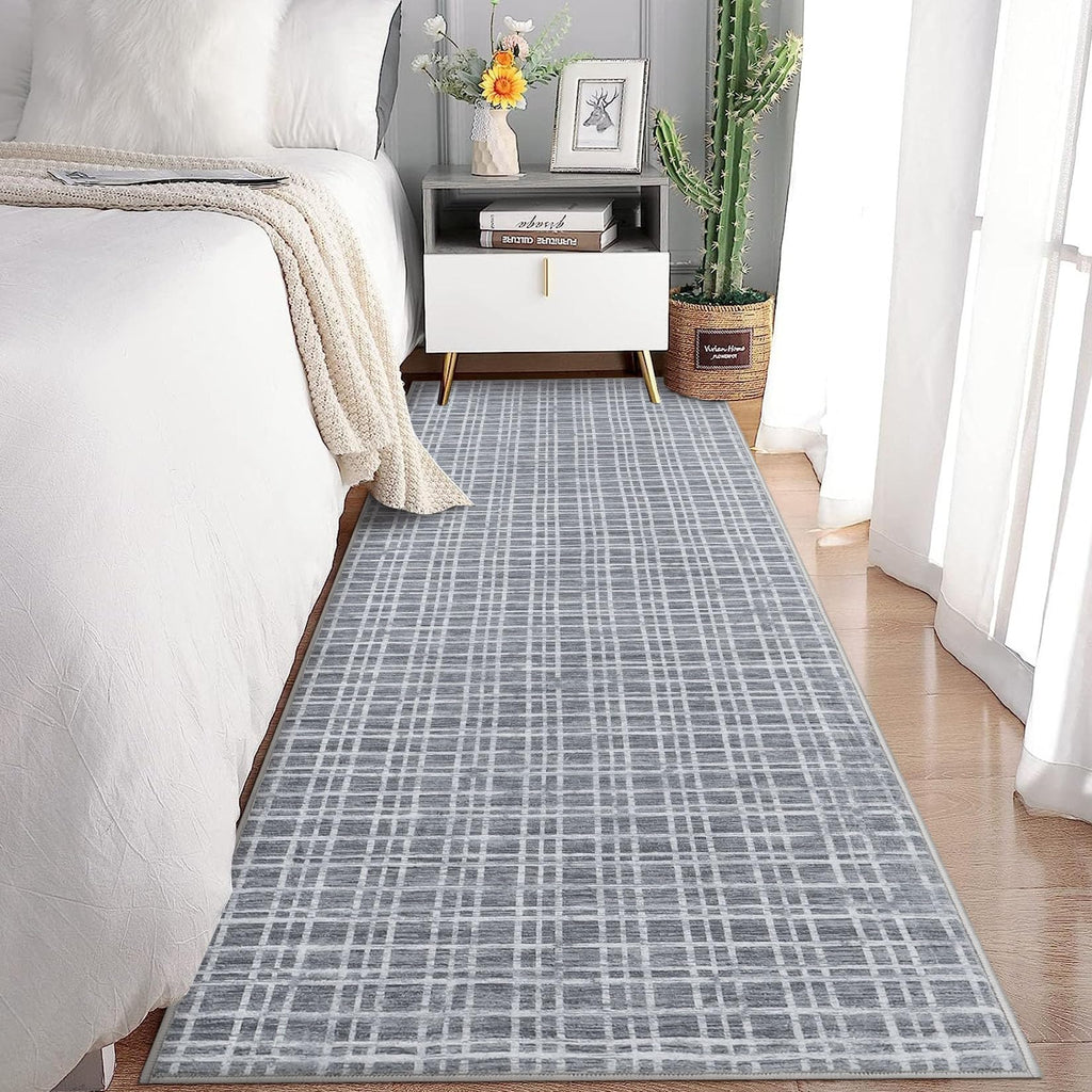 Modern Washable 8x10 Area Rug - Soft, Non-Slip, Stain Resistant, Farmhouse Tartan Plaid for Living Room, Bedroom, Nursery, Office - Beige