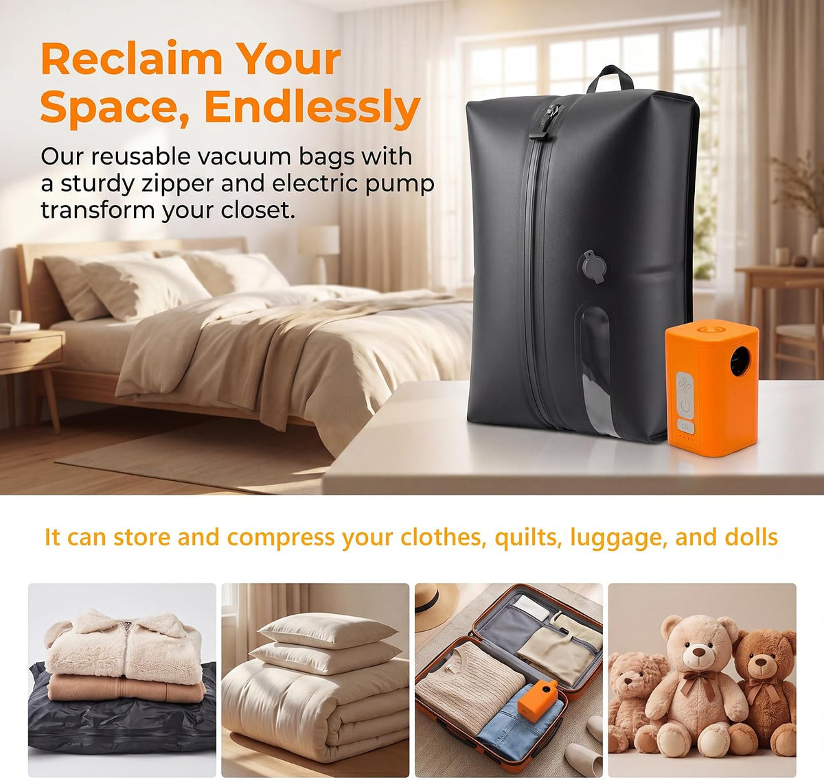 Travel Vacuum Bags with Pump, 18L Carry On Size Vacuum Compression Bags for Travel, Reusable Space Saver Luggage Vacuum Seal Kit with Rechargeable Electric Pump，Black Set (3-Pack)