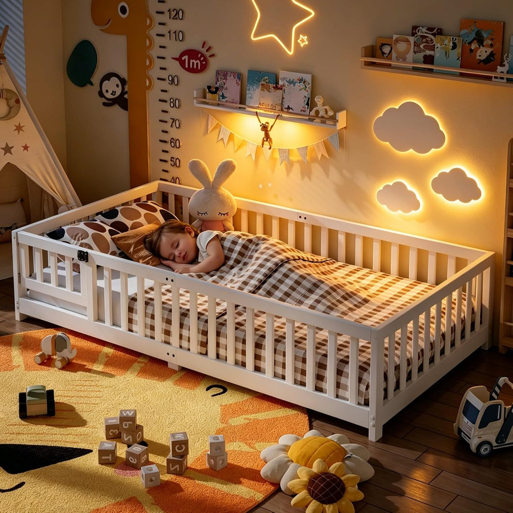 Gizoon Twin Montessori Floor Bed for Toddlers Floor Bed Frame, White