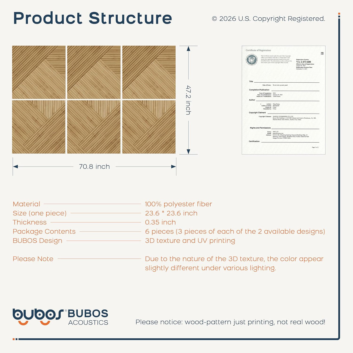 BUBOS 6-Pack Acoustic Panels, Wood Grain Sound Absorbing Panels, 23.6x23.6