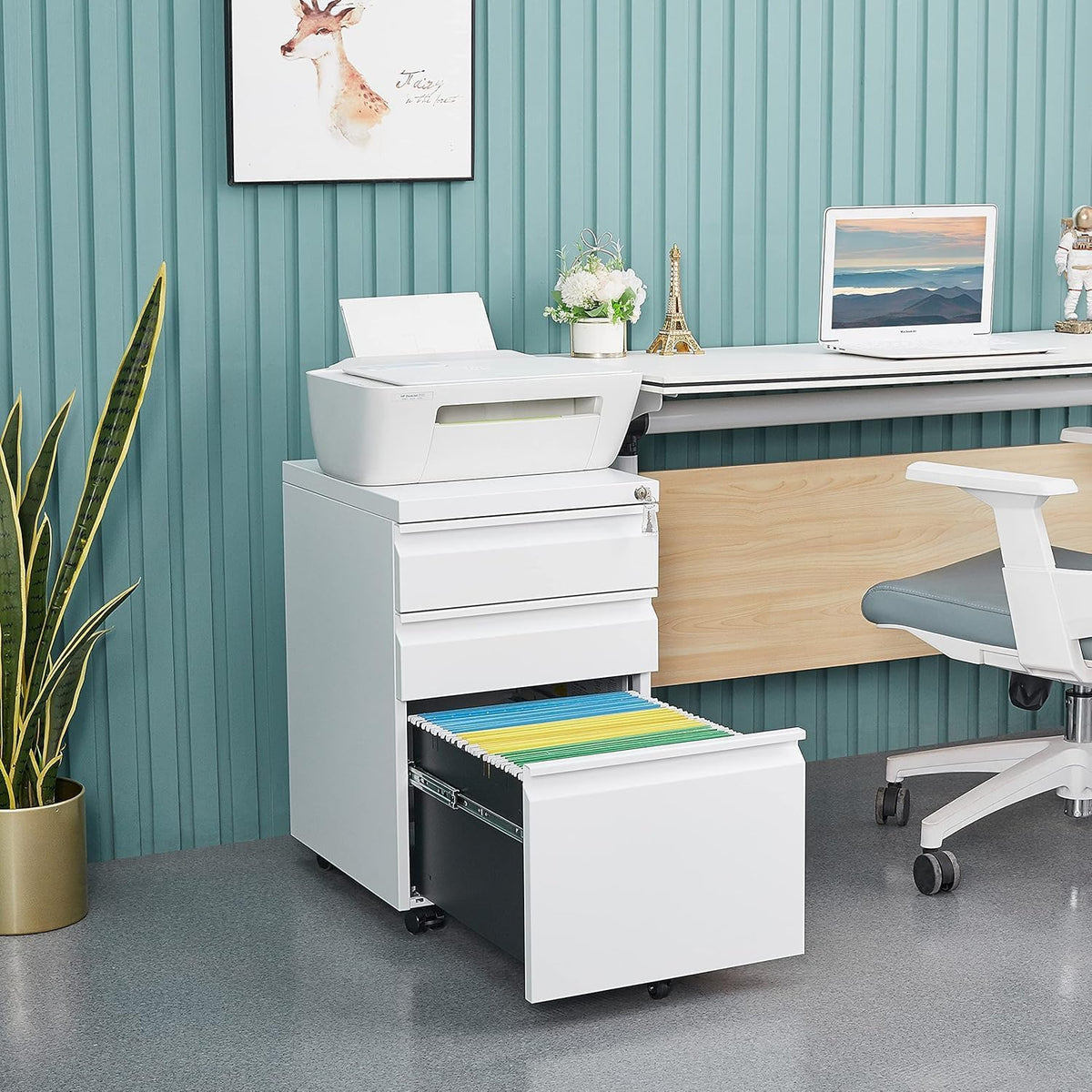 Guizeeopo 3 Drawer File Cabinet with Lock, File Cabinets for Home Office,Under Desk Cabinet, Locking File Cabinet for A4/Letter/Legal, Fully Assembled Expect Casters, Matte White