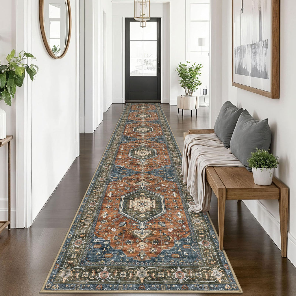 KUTA Vintage Extra Long Runners for Hallways 2.6x18ft Washable Blue White