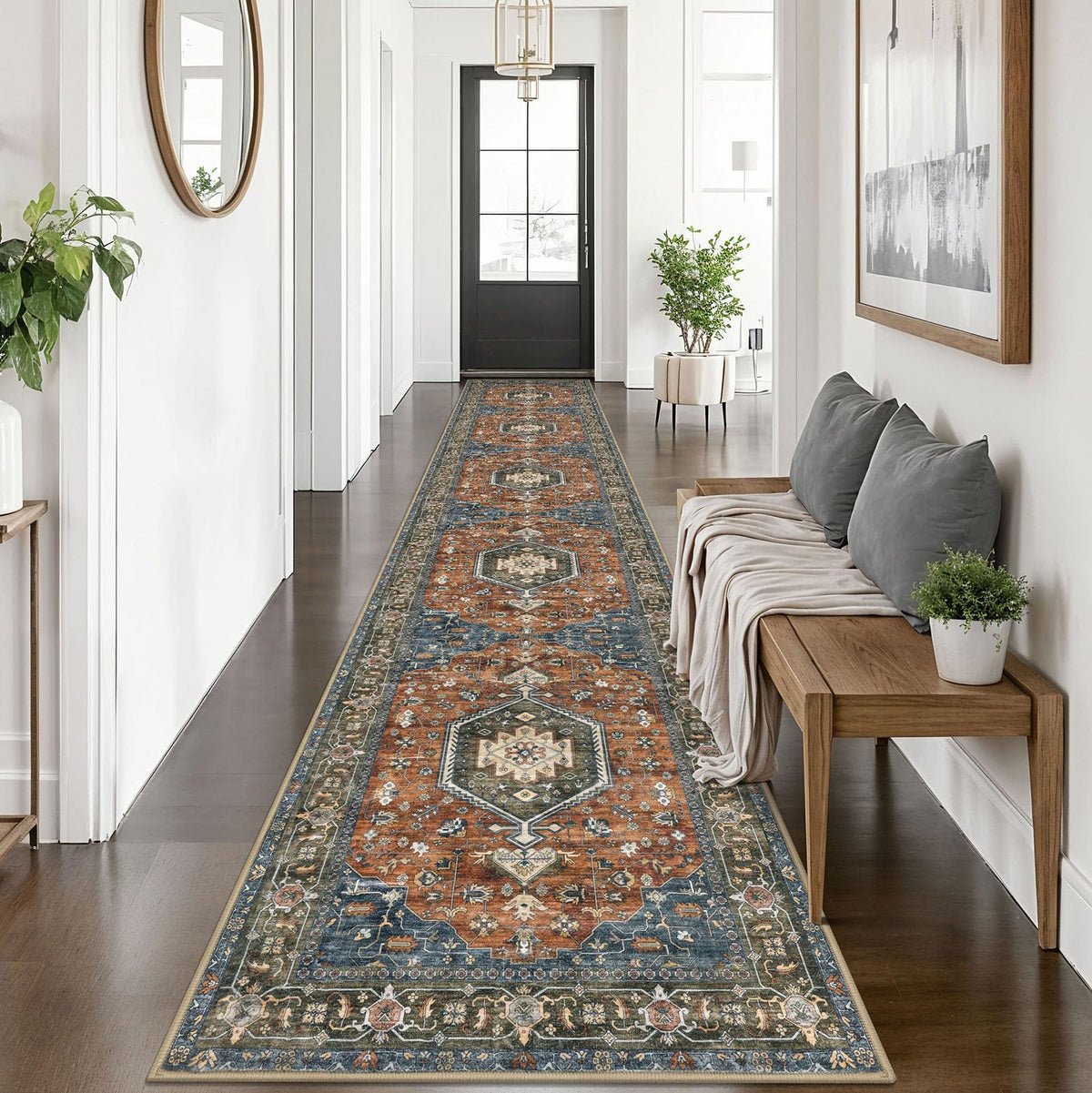 KUTA Vintage Extra Long Runners for Hallways 2.6x18ft Washable Blue White