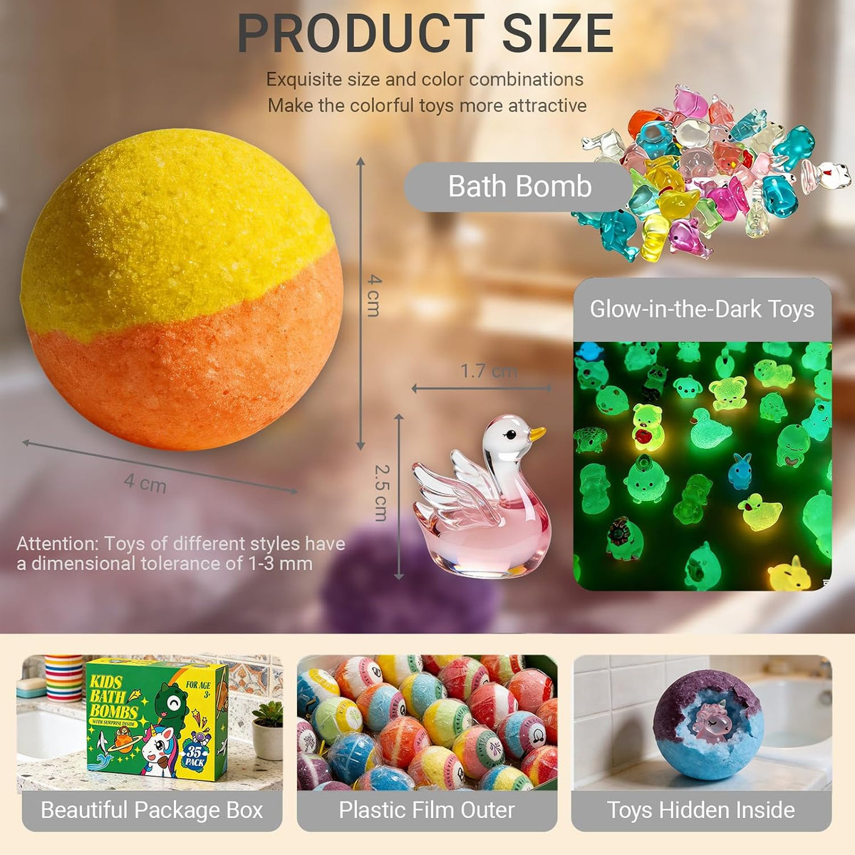 Bath Bombs with Surprise Inside, 35 Pcs Kids Bath Bombs Gift Set with Glow-in-The-Dark Animal Toys, Child-Safe Natural Bubble Fizzy, Perfect Easter Basket Stuffers & Birthday Gifts for Girls & Boys