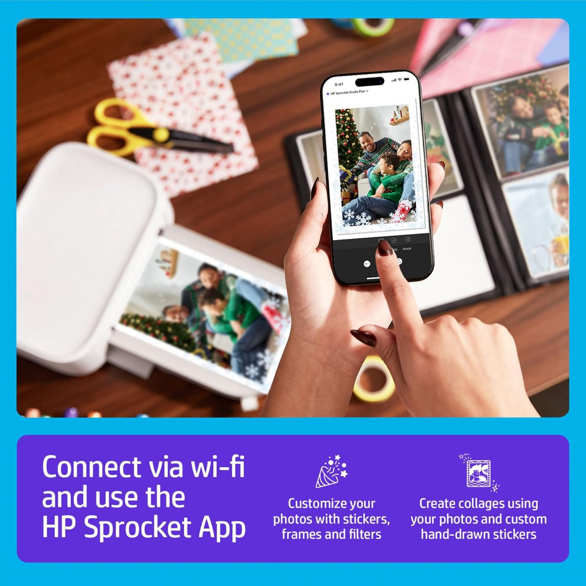 HP Sprocket Studio Plus 4x6 (10.2x15.2 cm) Wireless Instant Photo Printer, Wi-Fi, Premium Dye-Sub, Vibrant Color Pictures, Bundle: Photo Album, Case, Photo Paper and Stickers, White