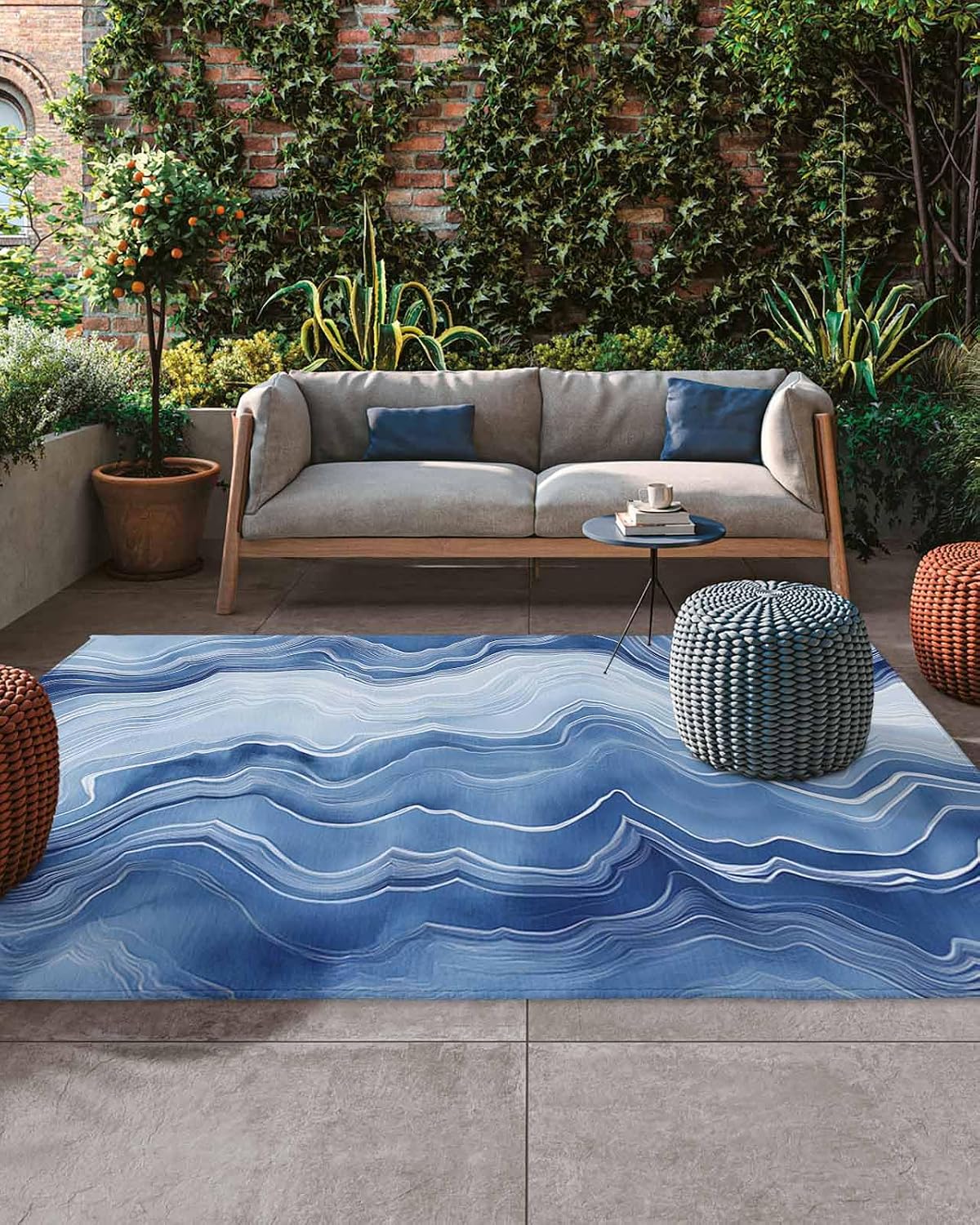 Abstract Ocean Wave Outdoor Rug 5x8ft, Waterproof Indoor Outdoor Rug for Patio, Watercolor Blue Camping Carpet Mat Outside Area Rug for RV Picnic Beach Balcony Deck Backyard