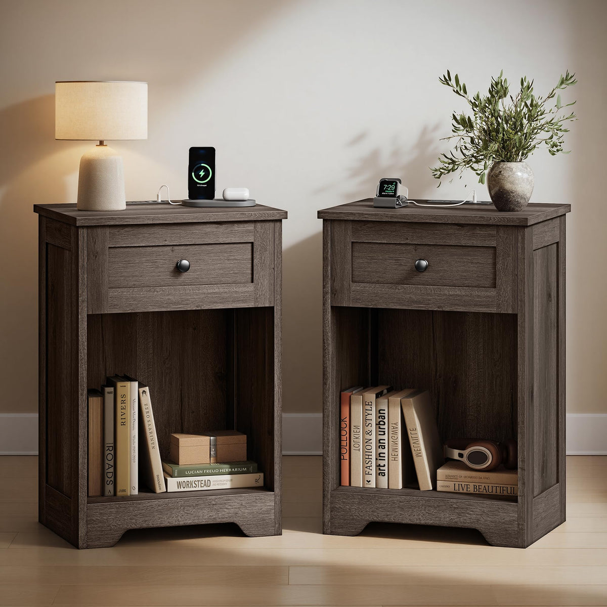 VASAGLE White Nightstand with Charging Station, 1 Drawer, Set of 2