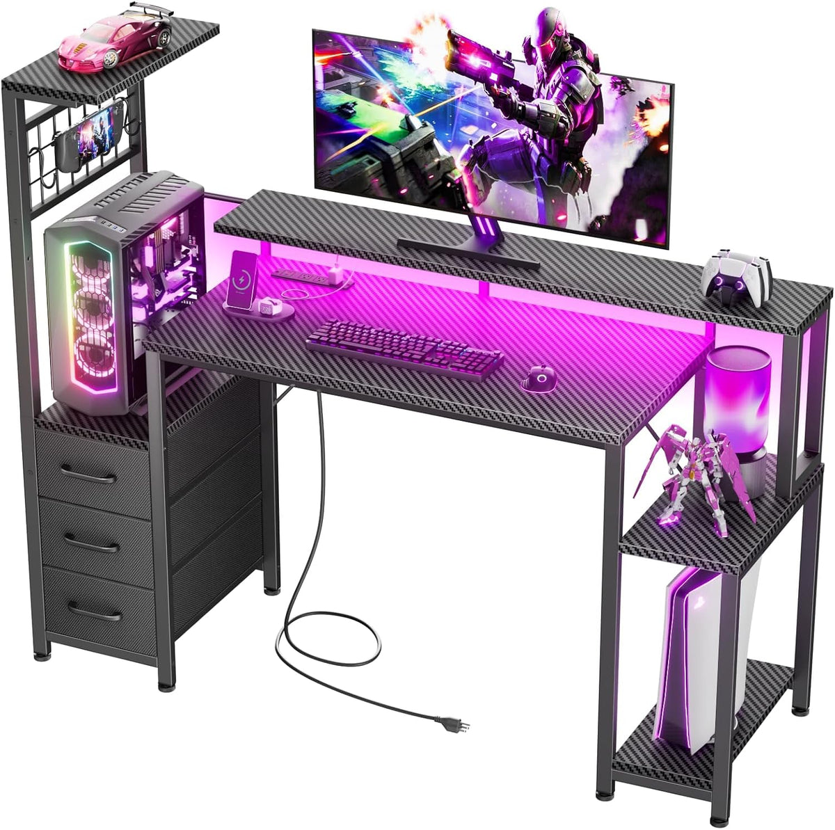 Korfile 48" Gaming Desk with Power Outlet, LED, Carbon Fiber Black Finish