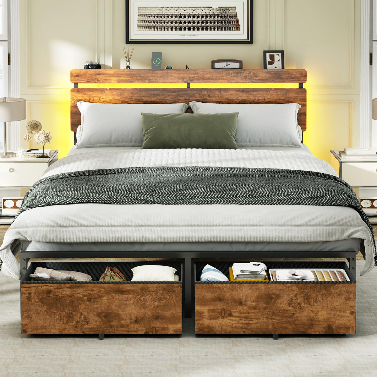 Forestell Queen Bed Frame with Wood Headboard,2 Storage Drawers & Shelf