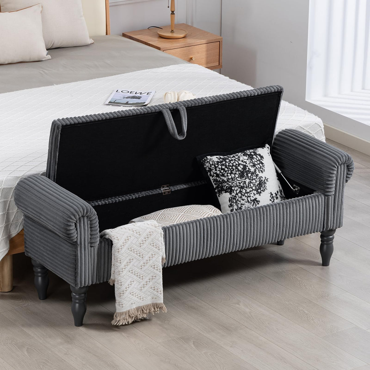 55" Corduroy Storage Ottoman Bench, Queen Bed, Grey