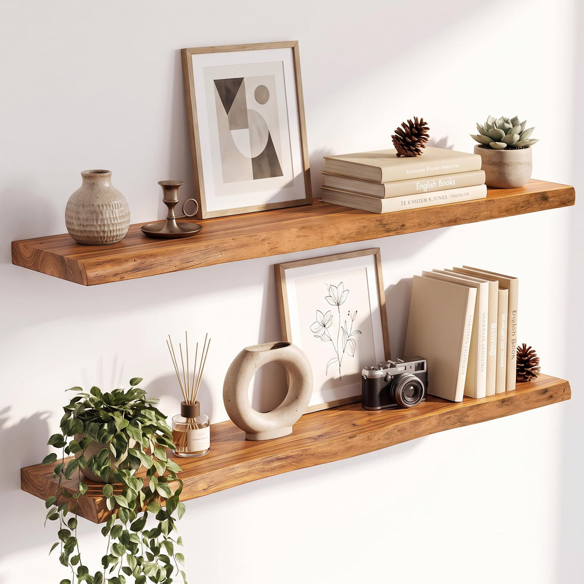 Live Edge Elm Floating Shelves - 24 In Rustic Solid Wood Shelves with Heavy-Duty Invisible Bracket, Wall-Mounted Wooden Shelf for Living Room, Bathroom, Kitchen Storage & Display, Set of 2, Natural