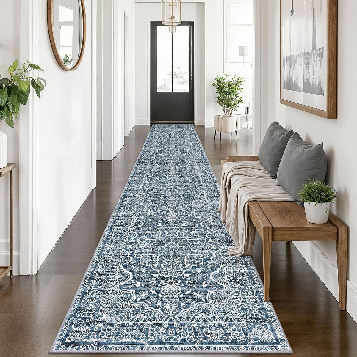 KUTA Vintage Extra Long Runners for Hallways 2.6x18ft Washable Blue White